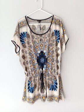 Milano Scoop-Neck Short-Sleeve Top Cover-Up Drawstring Tunic Blue White Large